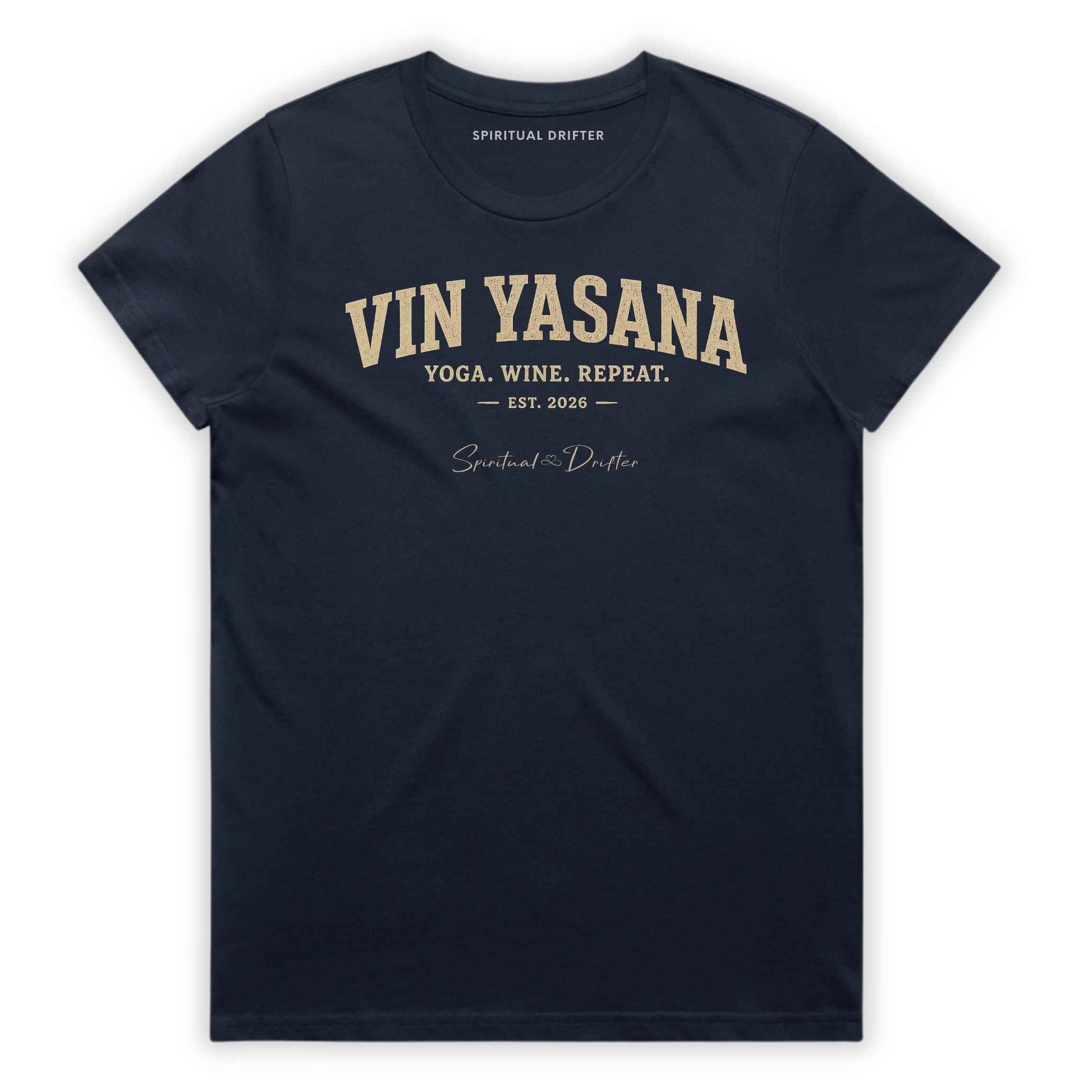 Navy Midnight Blue  t shirt. Women's graphic yoga shirt inspired by mindful living, wellness culture, meditation retreats, spiritual exploration, and the art of slowing down. Yin Yasana design by Spiritual Drifter.
