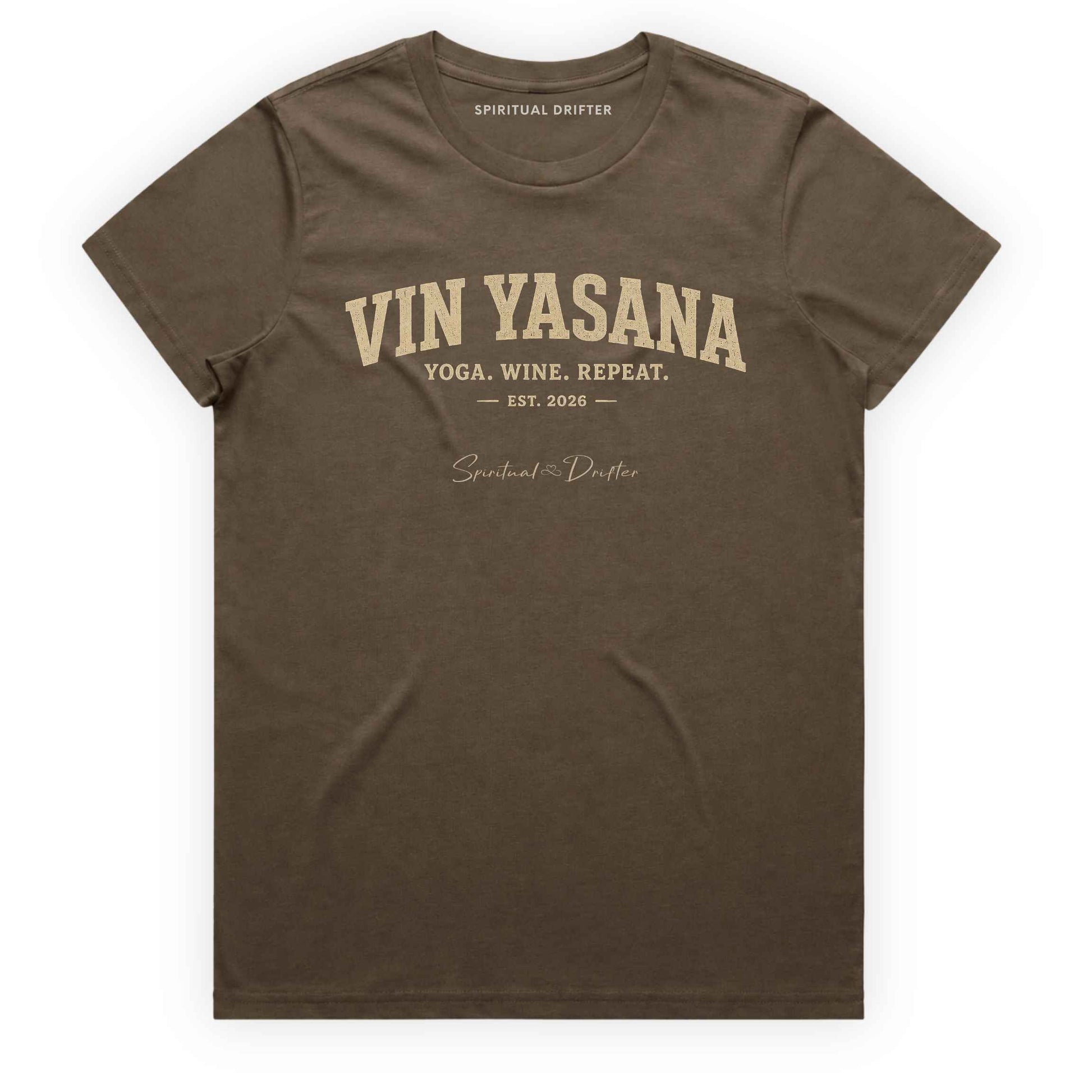 Brown Spiritual Drifter t shirt. Spiritual Drifter yoga and wine themed graphic tee for women. Comfortable conscious clothing celebrating yoga practice, personal growth, inner peace, positive mindset, and everyday joy.