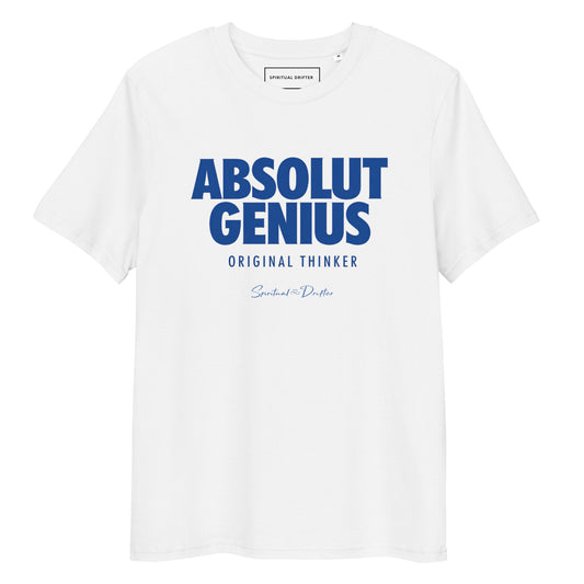 Spiritual Drifter Absolute Genius Original Thinker graphic organic cotton t-shirt in white. Elevated spiritual apparel inspired by meditation, mindfulness, abundance, genius original thought and conscious living.