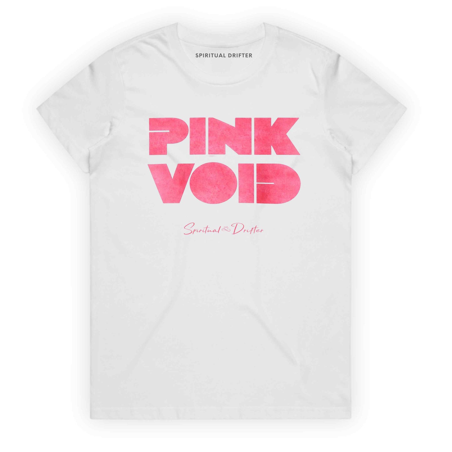 Spiritual Drifter White t-shirt with "Pink Void" graphic on a white background