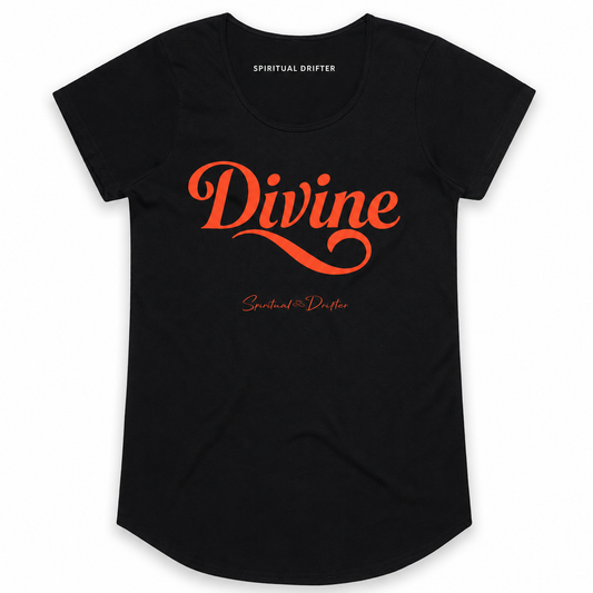 Black t-shirt with 'Divine' in red text on a white background