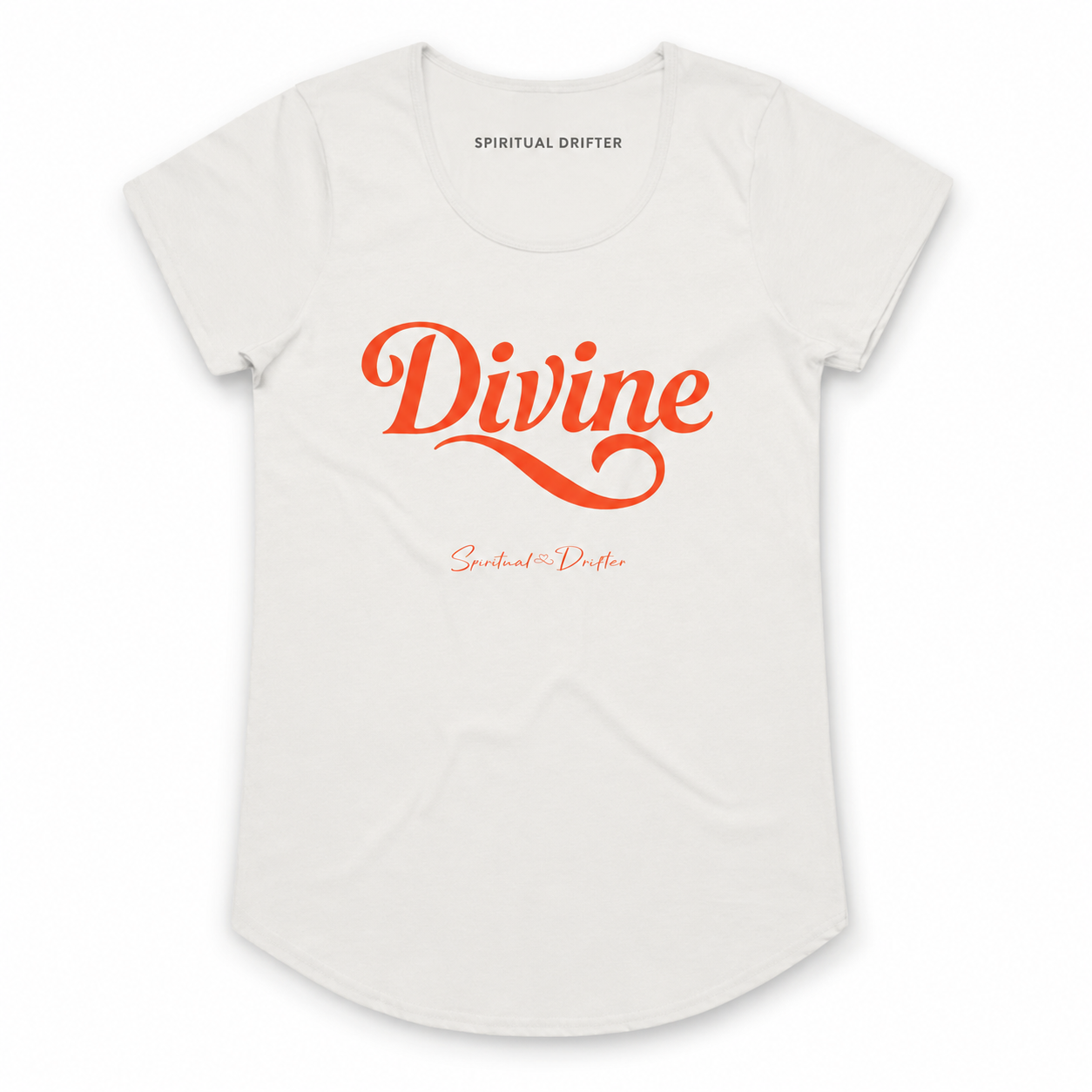 Natural Spiritual Drifter t-shirt with 'Divine' in red text on a white background