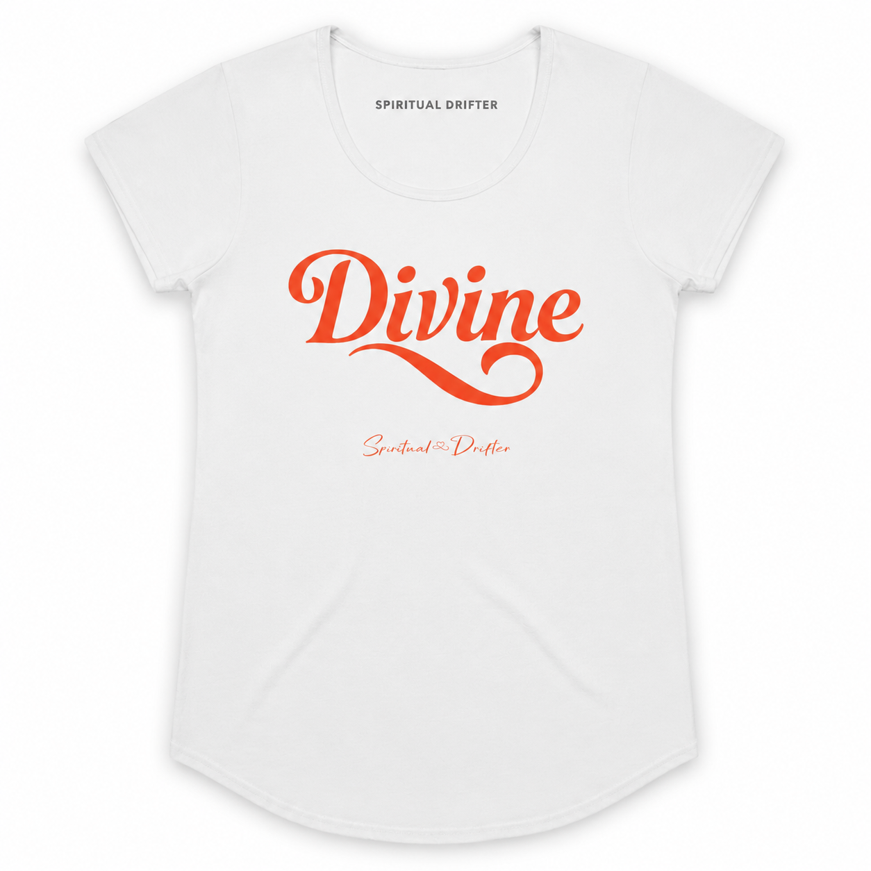 White t-shirt with 'Divine' in red text on a white background
