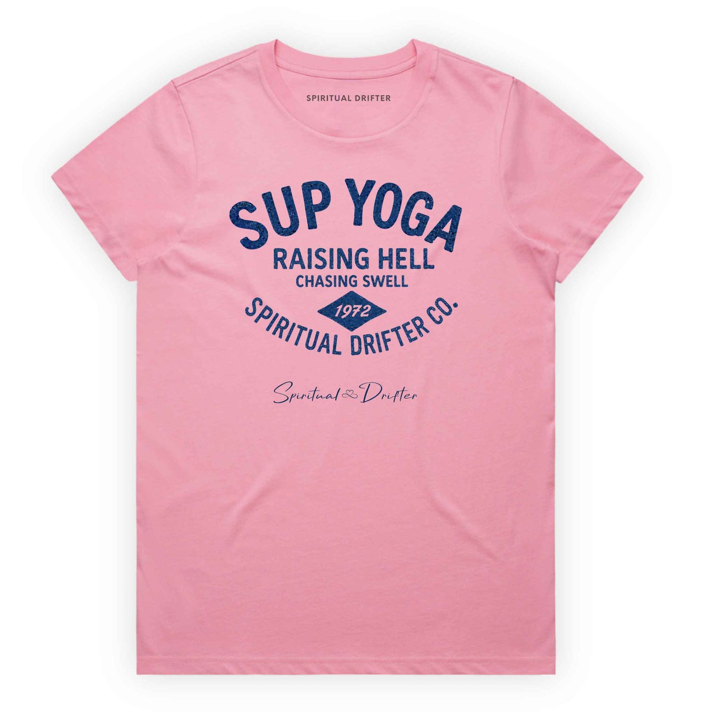Bubblegum Pink Spiritual Drifter  t-shirt with blue text "SUP YOGA, raising hell chasing swell, spiritual drifter co."and branding on a white background. Spiritual lifestyle, positive vibes, aligned, positive mindset, conscious living & yoga clothing. Spiritual apparel inspired by modern mysticism, meditation, manifestation, sacred medicine and conscious living. Yoga and meditation clothing for awakened souls. Stand Up Paddle board Yoga Apparel.
