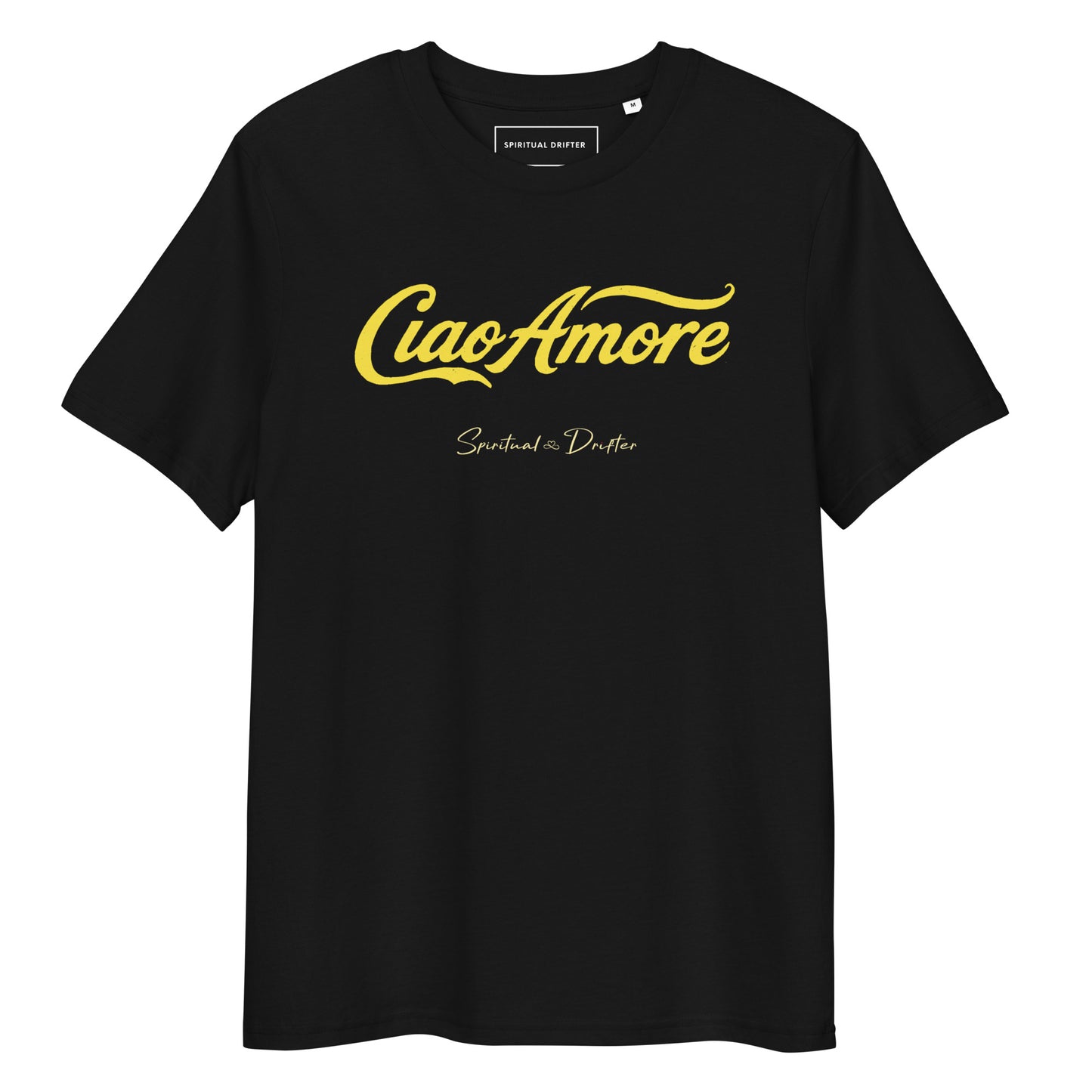 Spiritual Drifter Ciao Amore organic cotton t-shirt in black – elevated spiritual apparel inspired by mindfulness, coherence, love and conscious living