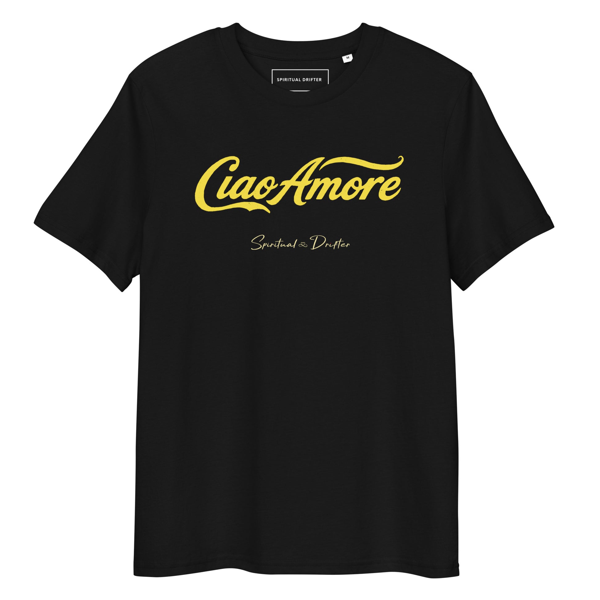 Spiritual Drifter Ciao Amore organic cotton t-shirt in black – elevated spiritual apparel inspired by mindfulness, coherence, love and conscious living