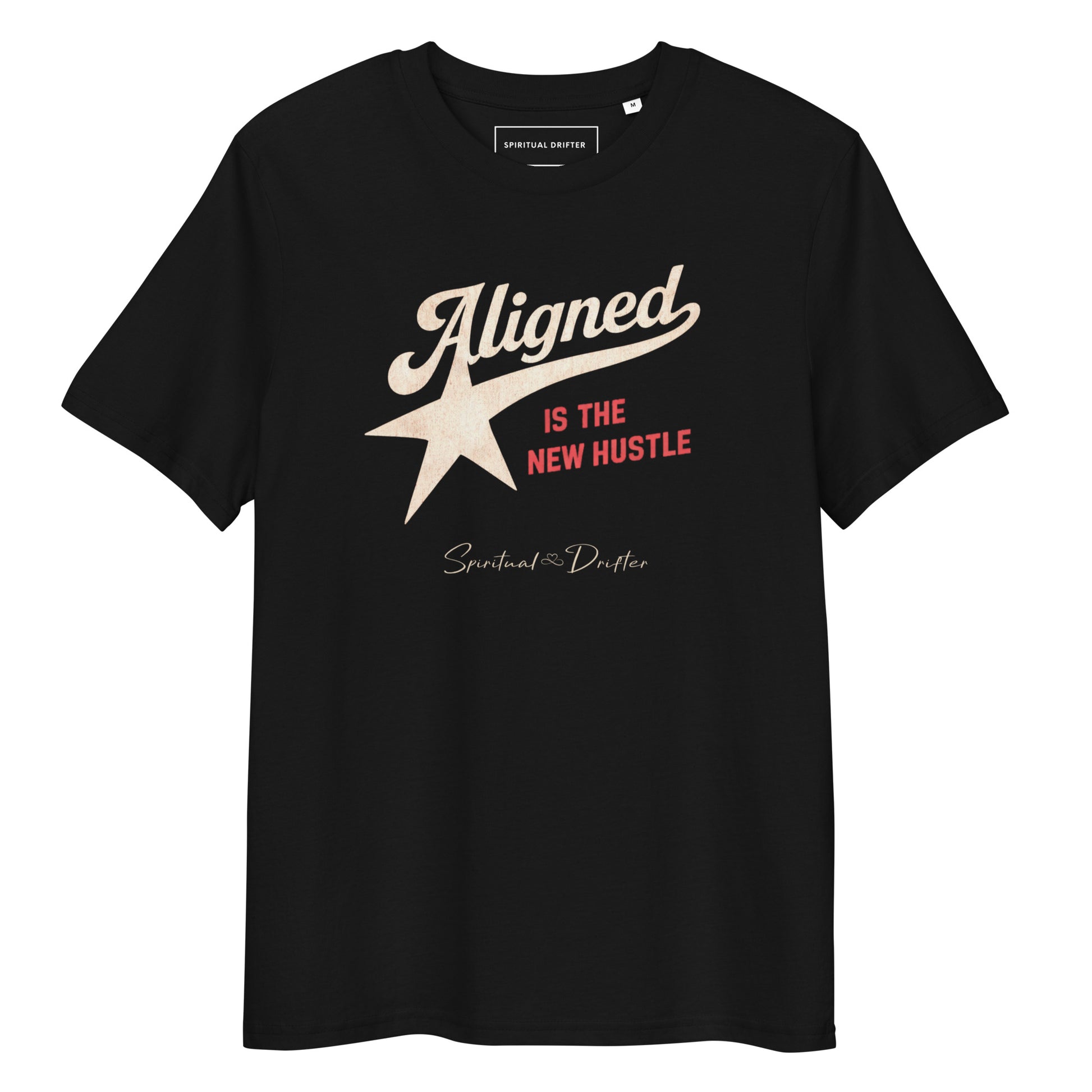 Spiritual Drifter Aligned is the New Hustle graphic organic cotton t-shirt in black. Elevated spiritual apparel inspired by meditate, mindfulness, abundance, alignment and conscious living