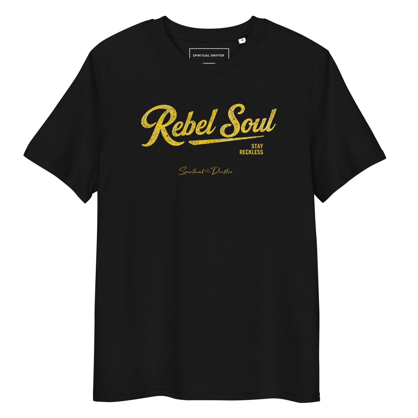 Spiritual Drifter Rebel Soul graphic organic cotton t-shirt in black. Elevated spiritual apparel inspired by meditation, mindfulness, yoga, positive vibes, law of attraction and conscious living.