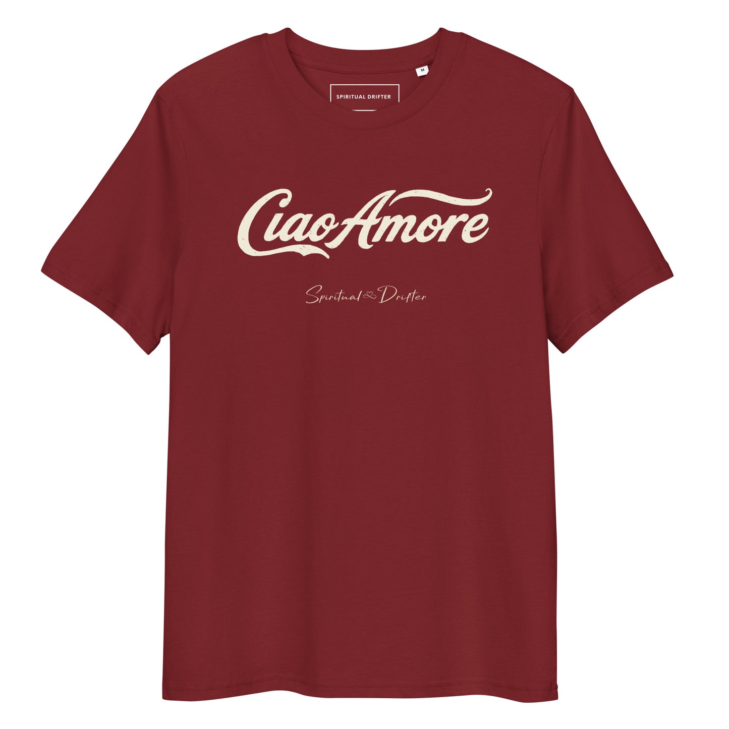 Spiritual Drifter Ciao Amore organic cotton t-shirt in burgundy red – elevated spiritual apparel inspired by mindfulness, coherence, love and conscious living