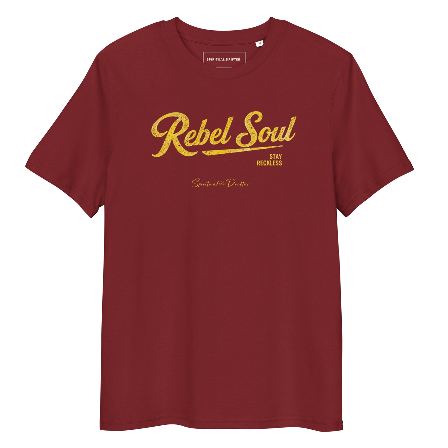 Spiritual Drifter Rebel Soul graphic organic cotton t-shirt in burgundy red. Elevated spiritual apparel inspired by meditation, mindfulness, yoga, positive vibes, law of attraction and conscious living.