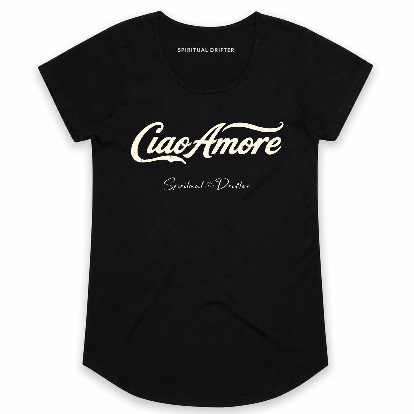 Black t-shirt with 'Ciao Amore' text and 'Spiritual Drifter' branding on a white background