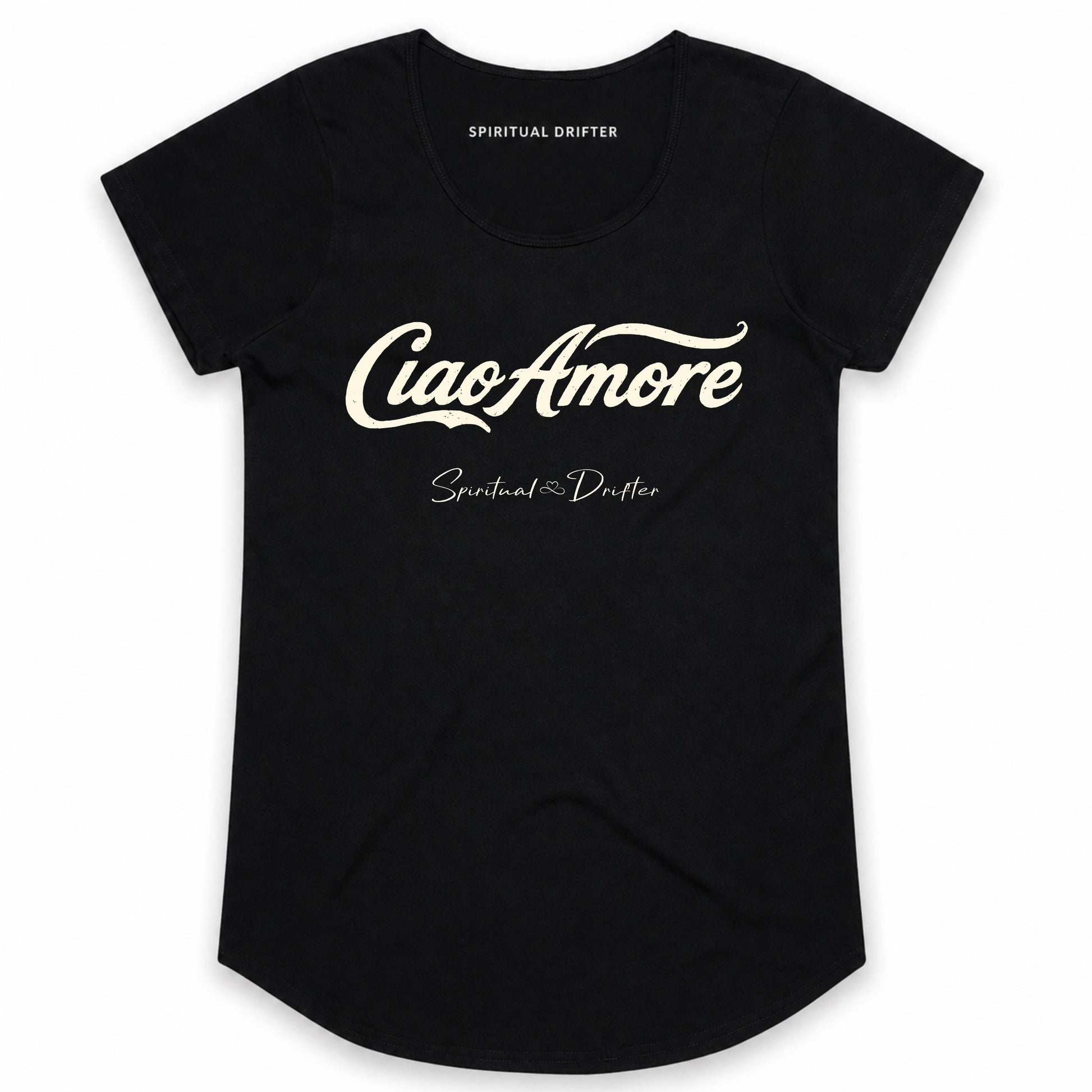 Black t-shirt with 'Ciao Amore' text and 'Spiritual Drifter' branding on a white background