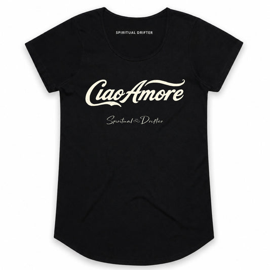 Black t-shirt with 'Ciao Amore' text and 'Spiritual Drifter' branding on a white background