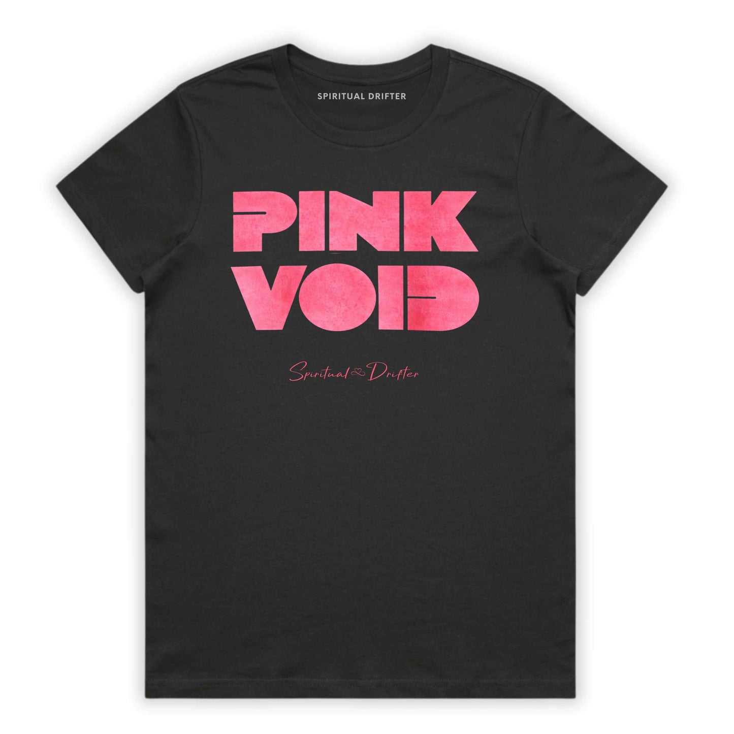 Spiritual Drifter Charcoal t-shirt with "Pink Void" graphic on a white background