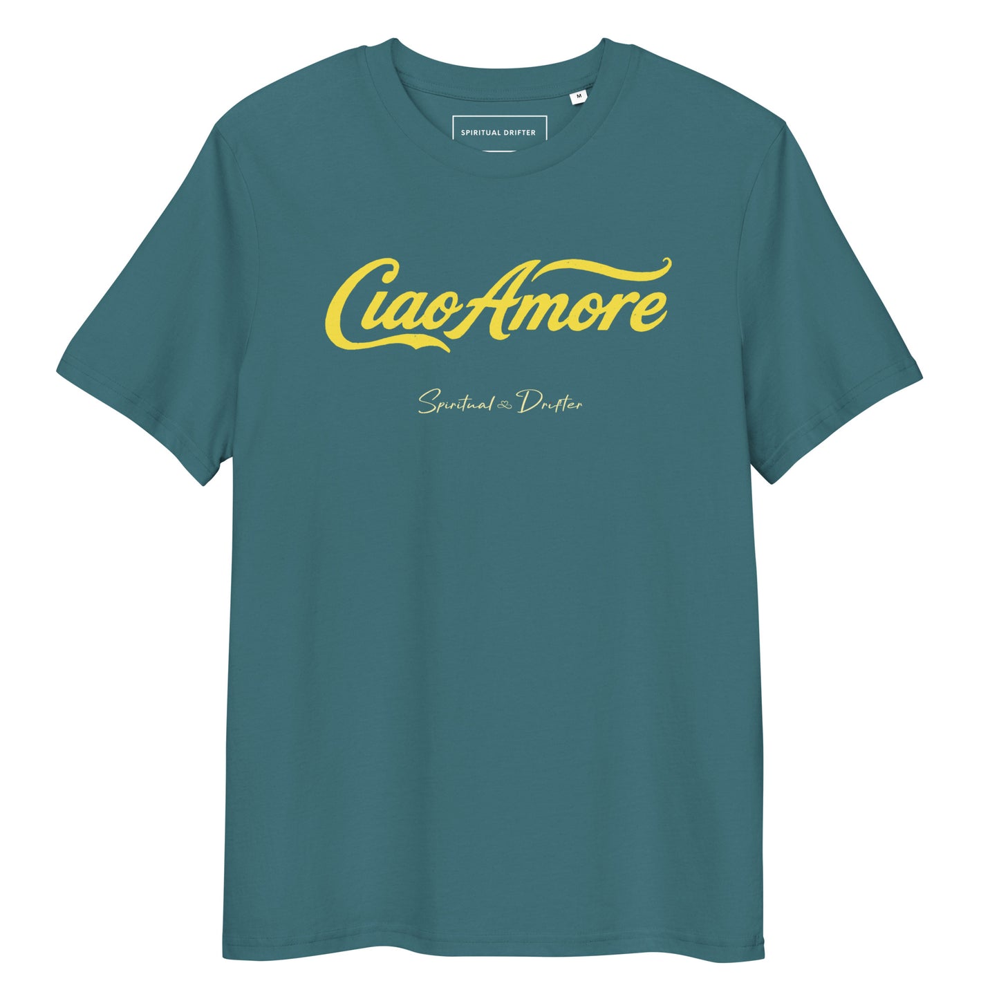 Spiritual Drifter Ciao Amore organic cotton t-shirt in green – elevated spiritual apparel inspired by mindfulness, coherence, love and conscious living