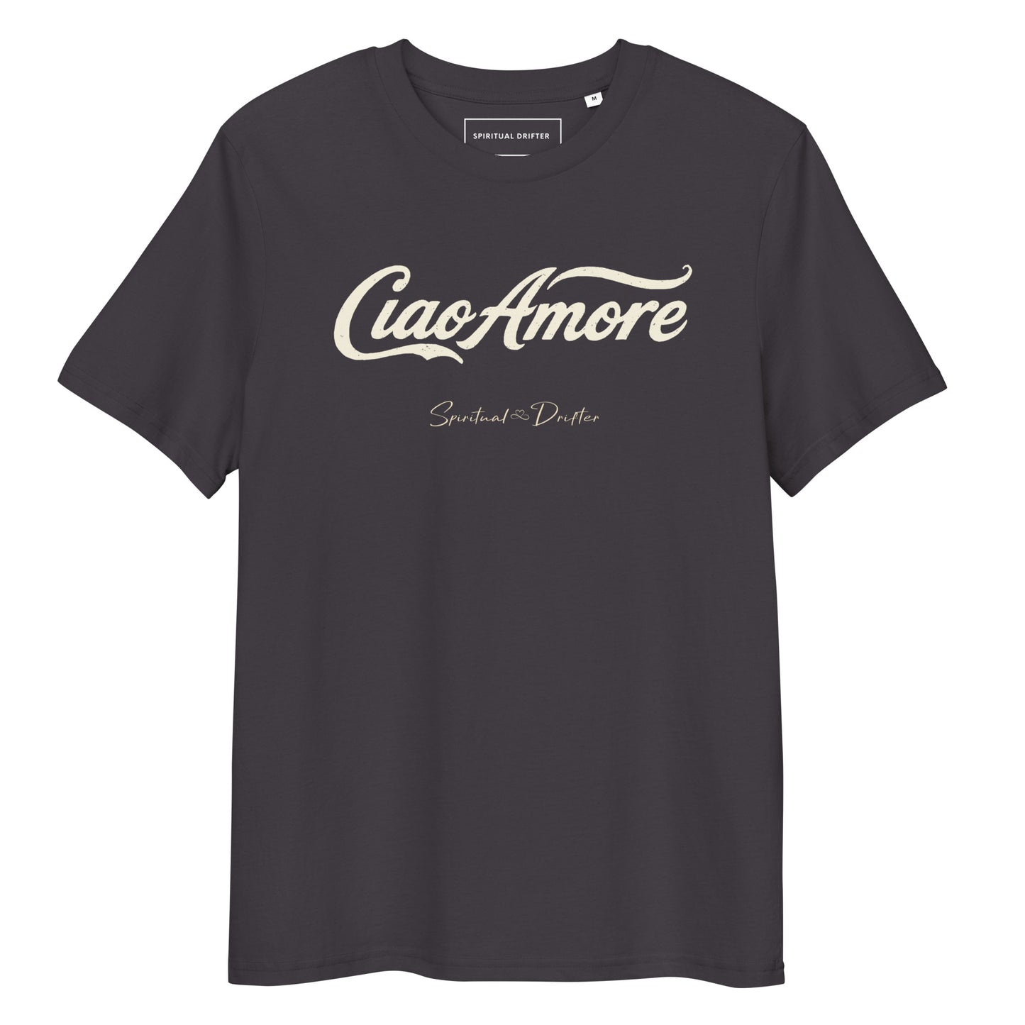 Spiritual Drifter Ciao Amore organic cotton t-shirt in grey – elevated spiritual apparel inspired by mindfulness, coherence, love and conscious living