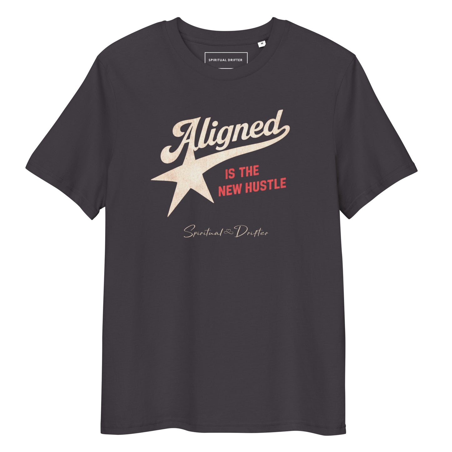 Spiritual Drifter Aligned is the New Hustle graphic organic cotton t-shirt in dark grey. Elevated spiritual apparel inspired by meditate, mindfulness, abundance, alignment and conscious living