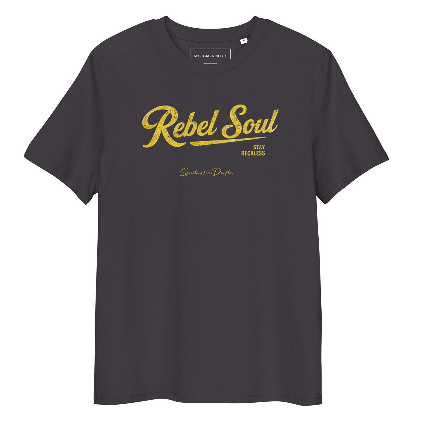 Spiritual Drifter Rebel Soul graphic organic cotton t-shirt in grey. Elevated spiritual apparel inspired by meditation, mindfulness, yoga, positive vibes, law of attraction and conscious living.