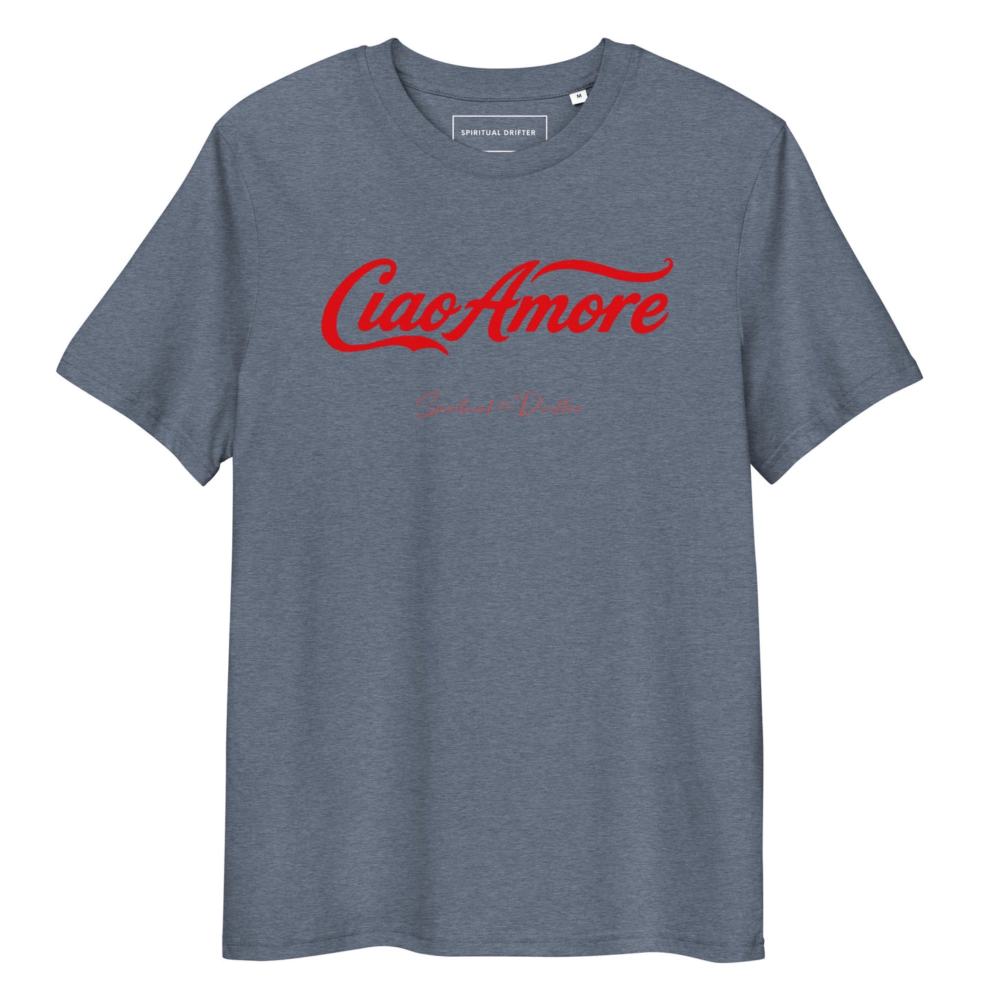 Spiritual Drifter Ciao Amore organic cotton t-shirt in heather blue – elevated spiritual apparel inspired by mindfulness, coherence, love and conscious living