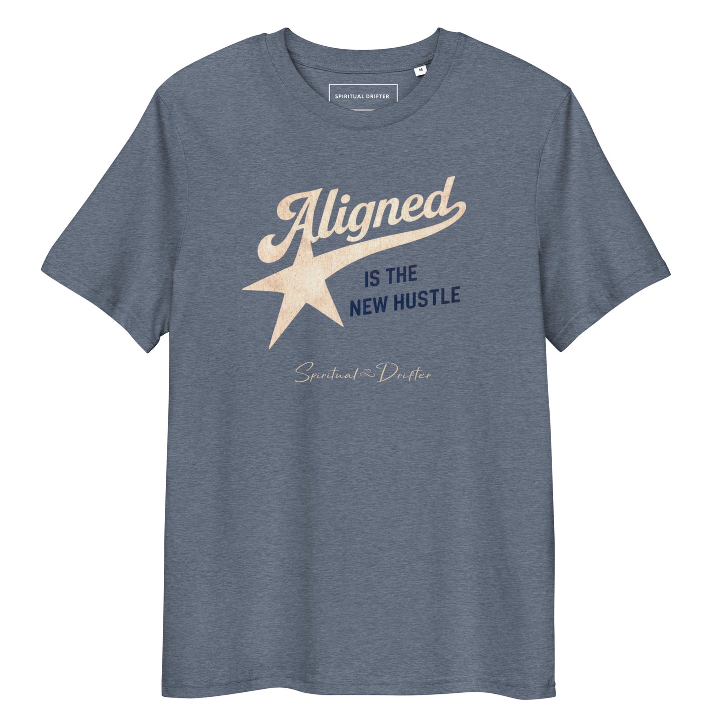Spiritual Drifter Aligned is the New Hustle graphic organic cotton t-shirt in heather blue. Elevated spiritual apparel inspired by meditate, mindfulness, abundance, alignment and conscious living