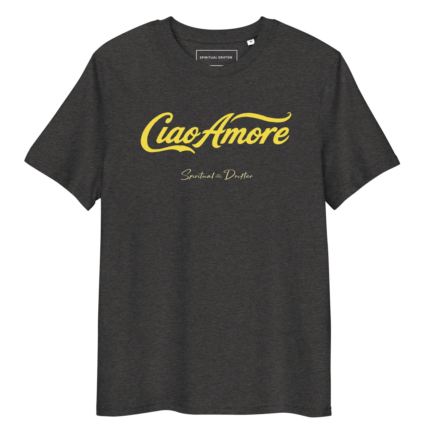 Spiritual Drifter Ciao Amore organic cotton t-shirt in black – elevated spiritual apparel inspired by mindfulness, coherence, love and conscious living