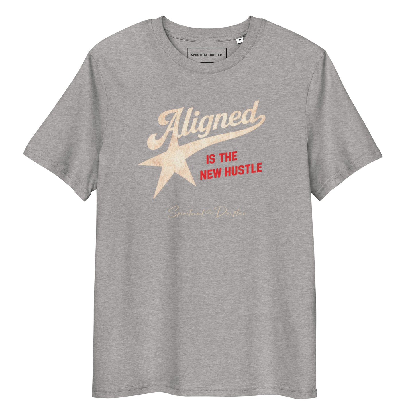 Spiritual Drifter Aligned is the New Hustle graphic organic cotton t-shirt in heather grey. Elevated spiritual apparel inspired by meditate, mindfulness, abundance, alignment and conscious living