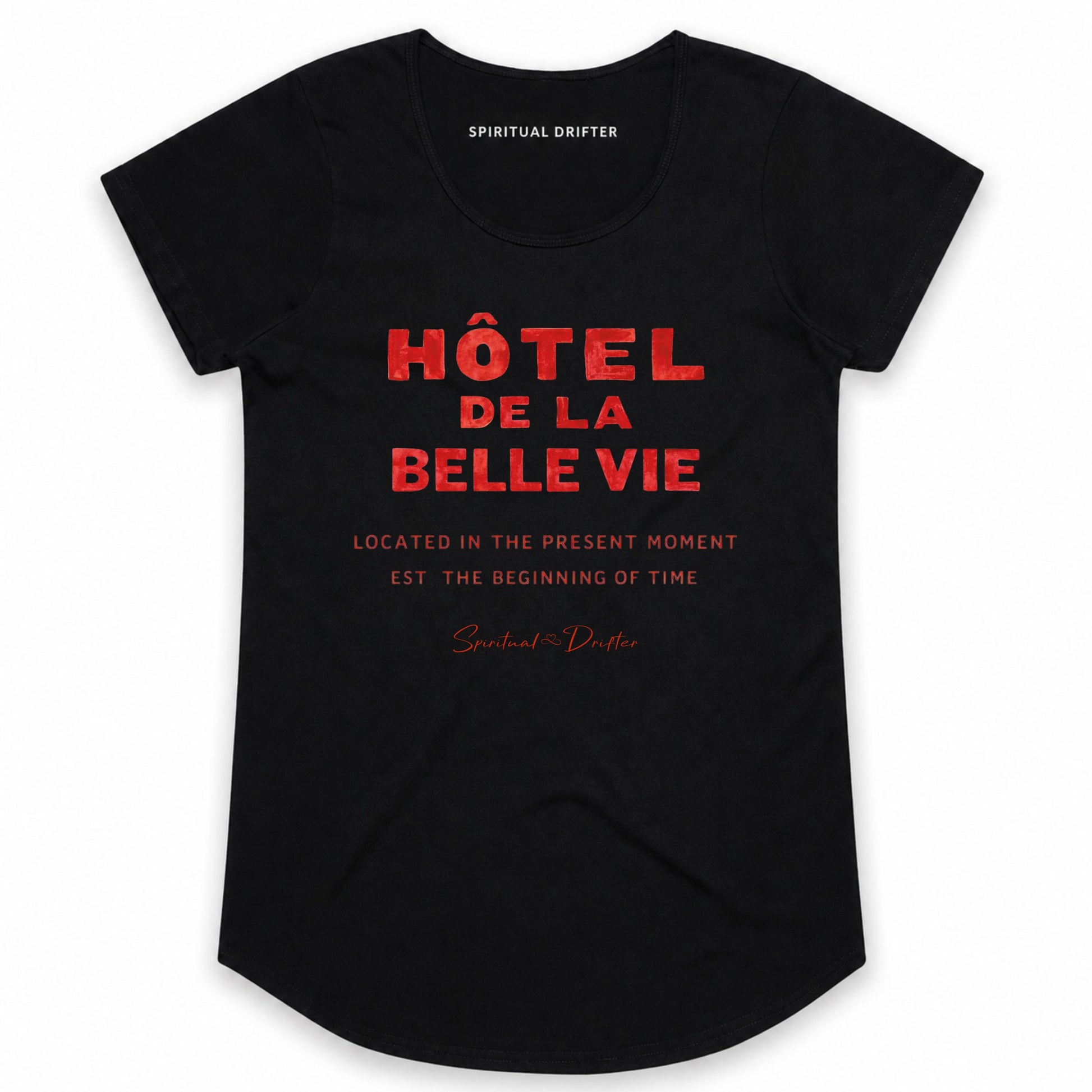 Spiritual Drifter Hotel de la Belle Vie graphic cotton t-shirt in black and red. Elevated spiritual apparel inspired by meditation, mindfulness, yoga, positive vibes, law of attraction and conscious living.