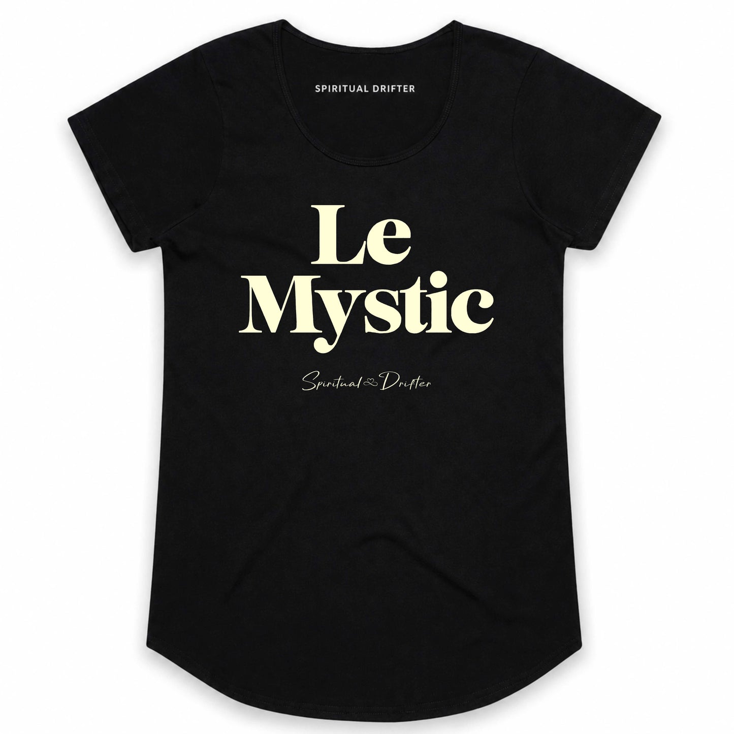 Spiritual Drifter Le Mystic graphic curved hem, capped sleeved cotton t-shirt in black. Elevated spiritual apparel inspired by meditation, mindfulness, yoga, positive vibes, law of attraction and conscious living. Become the mystic in this elevated fashion tee.