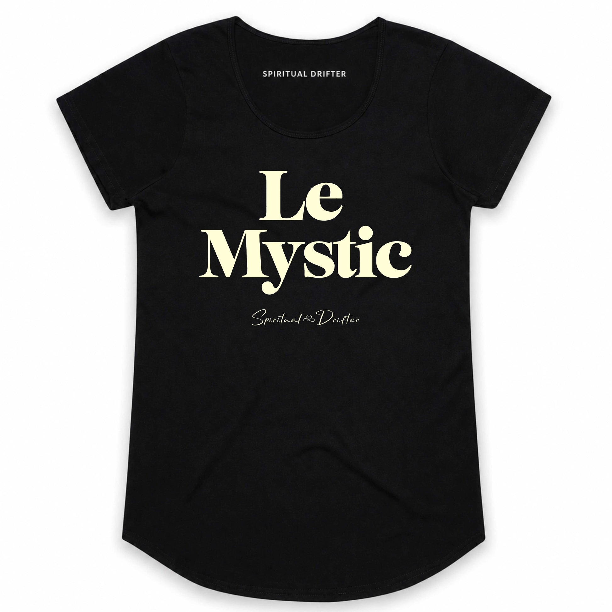 Spiritual Drifter Le Mystic graphic curved hem, capped sleeved cotton t-shirt in black. Elevated spiritual apparel inspired by meditation, mindfulness, yoga, positive vibes, law of attraction and conscious living. Become the mystic in this elevated fashion tee.