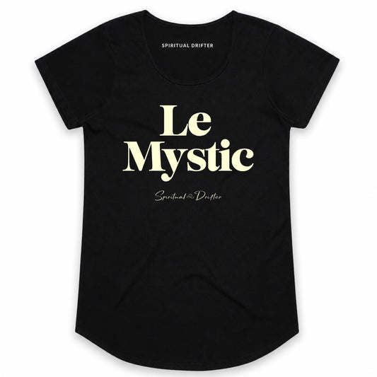 Spiritual Drifter Le Mystic graphic curved hem, capped sleeved cotton t-shirt in black. Elevated spiritual apparel inspired by meditation, mindfulness, yoga, positive vibes, law of attraction and conscious living. Become the mystic in this elevated fashion tee.