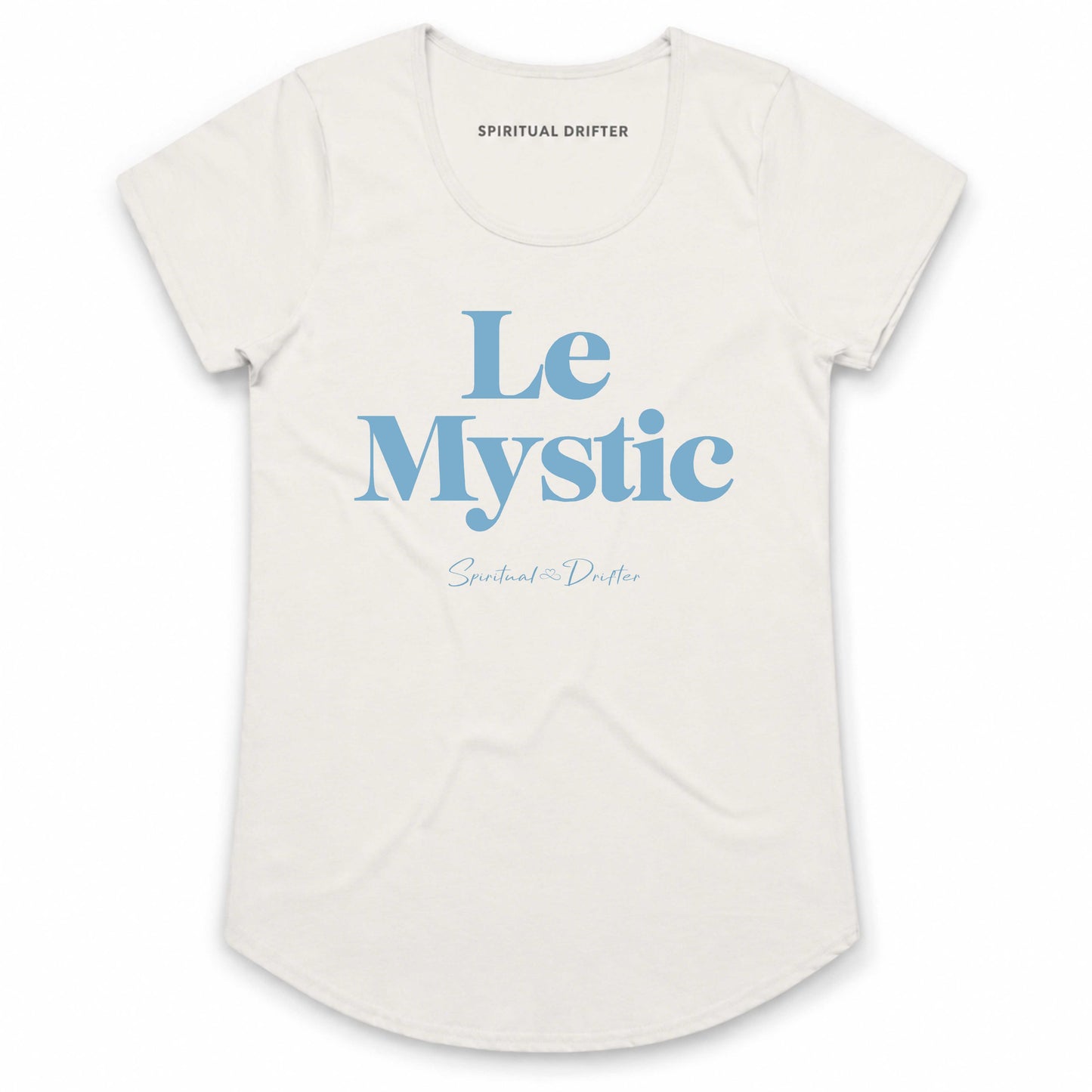 Spiritual Drifter Le Mystic graphic curved hem, capped sleeved cotton t-shirt in natural Elevated spiritual apparel inspired by meditation, mindfulness, yoga, positive vibes, law of attraction and conscious living. Become the mystic in this elevated fashion tee.