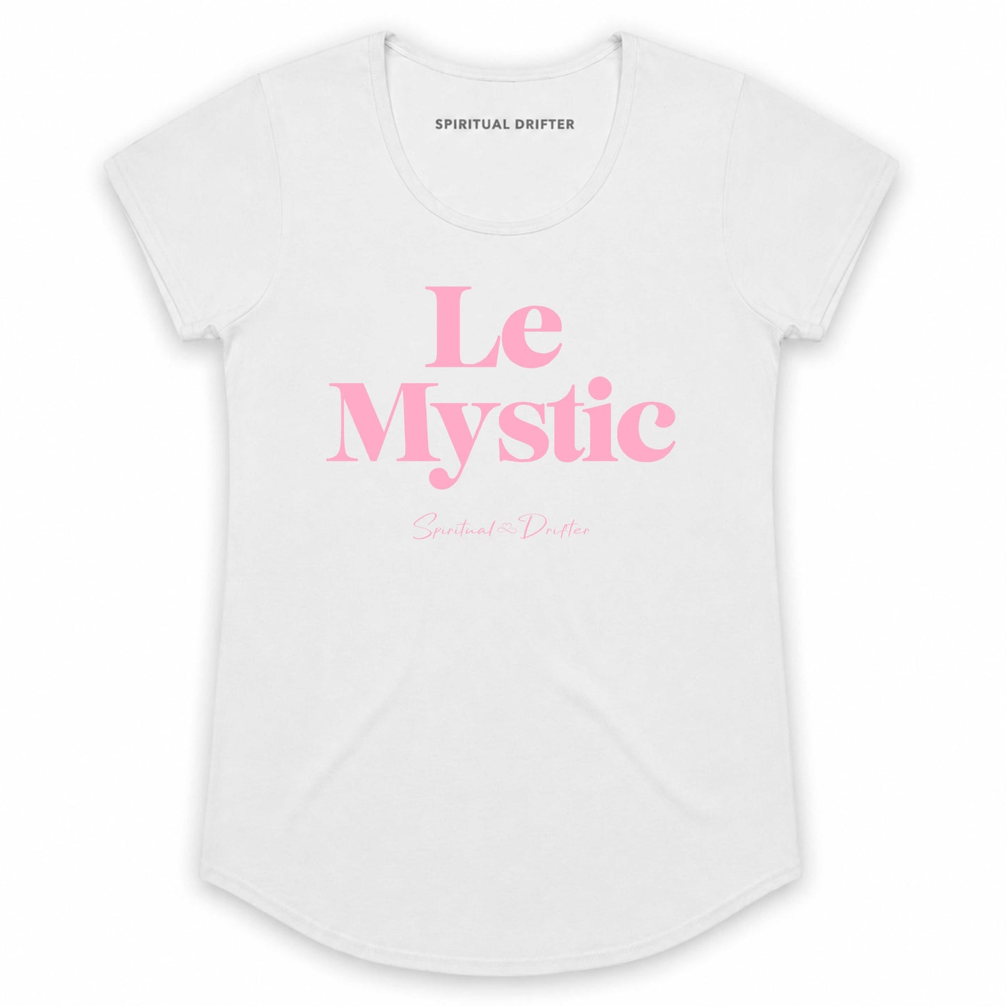 Spiritual Drifter Le Mystic graphic curved hem, capped sleeved cotton t-shirt in white. Elevated spiritual apparel inspired by meditation, mindfulness, yoga, positive vibes, law of attraction and conscious living. Become the mystic in this elevated fashion tee.