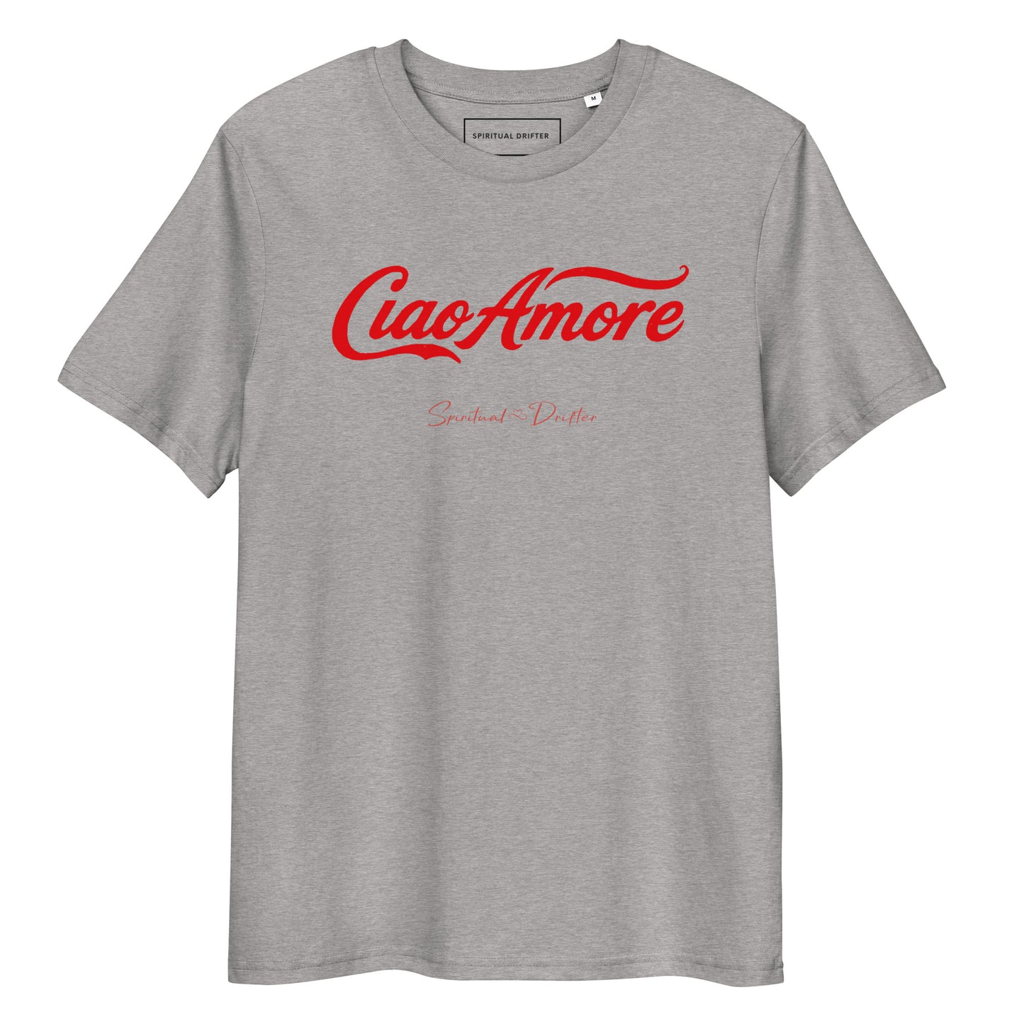 Spiritual Drifter Ciao Amore organic cotton t-shirt in heather grey – elevated spiritual apparel inspired by mindfulness, coherence, love and conscious living