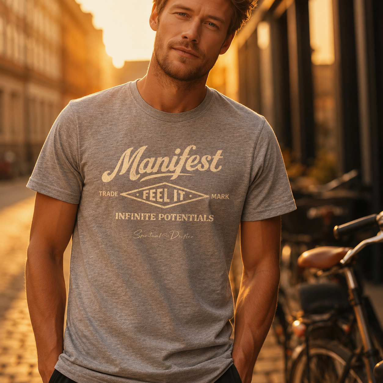 Man wearing a heather gray t-shirt with cream text on a city street in Copenhagen. Spiritual Drifter “Manifest Feel It” graphic unisex organic cotton t-shirt in heather grey– elevated spiritual apparel inspired by mindfulness, manifestation, coherence, meditation and living in a state of surrender and flow.