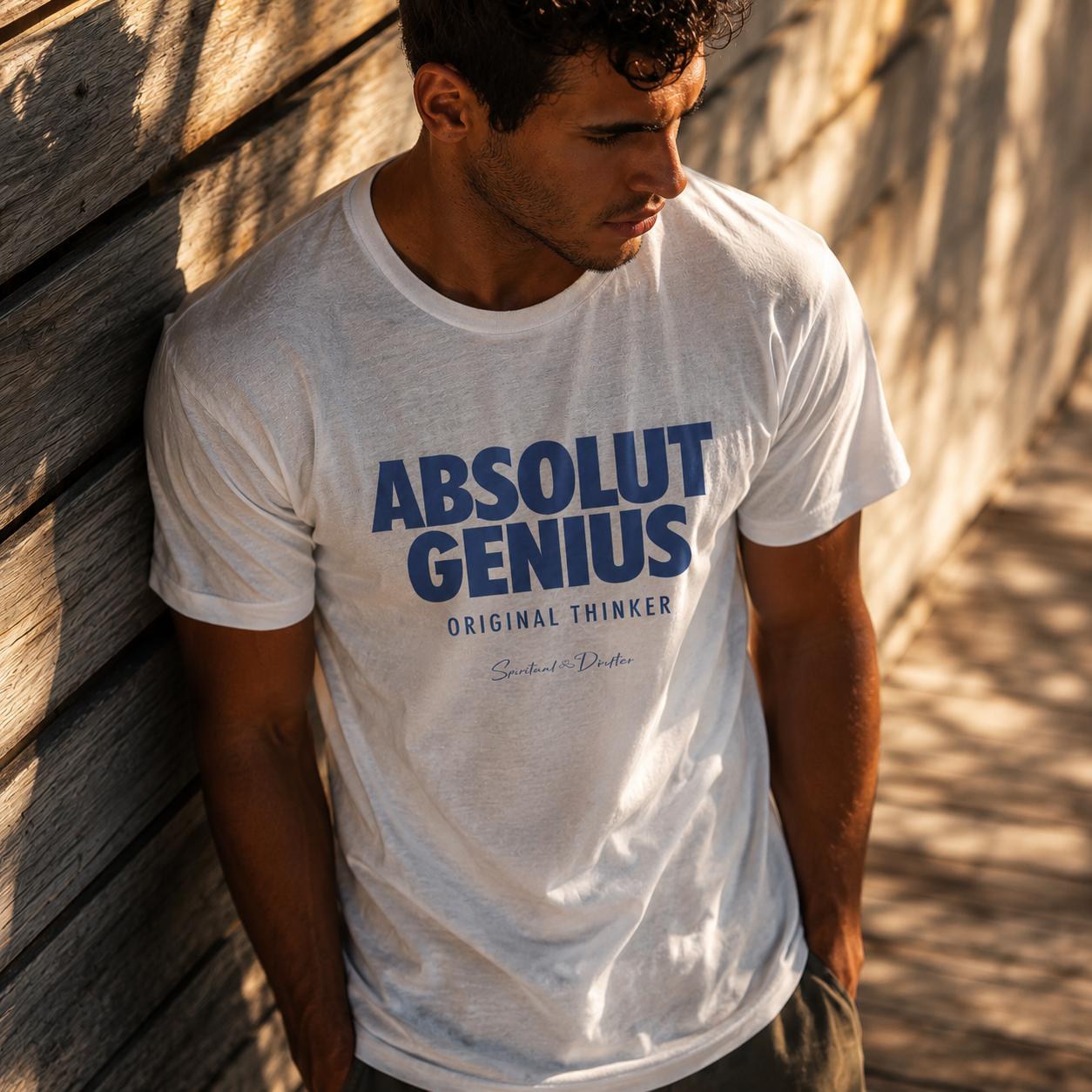 Man wearing Spiritual Drifter Absolut Genius, Original Thinker organic t-shirt during in a an outdoor setting. Spiritual lifestyle aligned conscious, original living clothing.