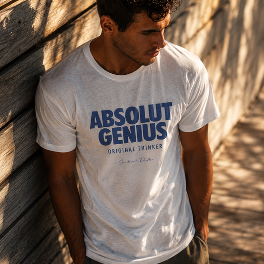 Man wearing Spiritual Drifter Absolut Genius, Original Thinker organic t-shirt during in a an outdoor setting. Spiritual lifestyle aligned conscious, original living clothing.