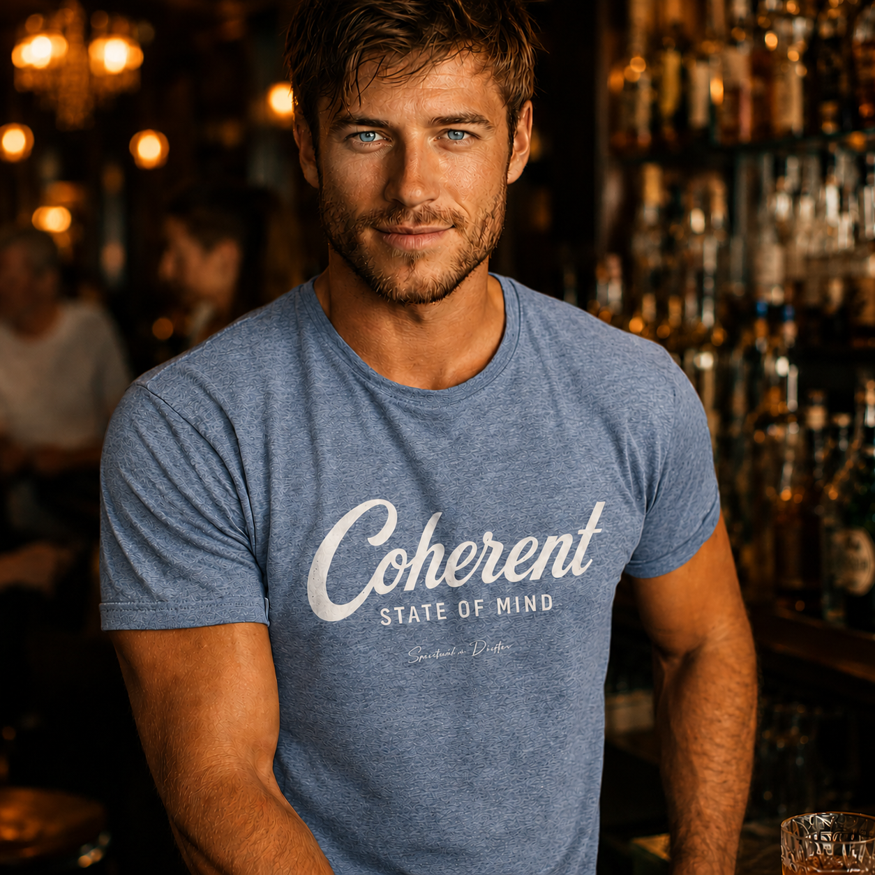 Man wearing heather blue spiritual drifter coherent state of mind t shirt