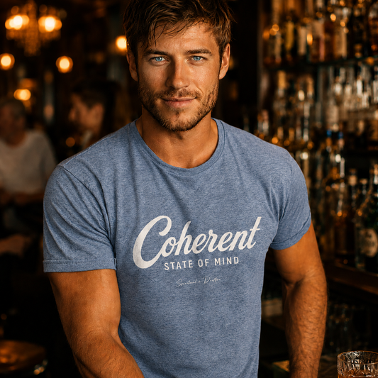 Man wearing heather blue spiritual drifter coherent state of mind t shirt