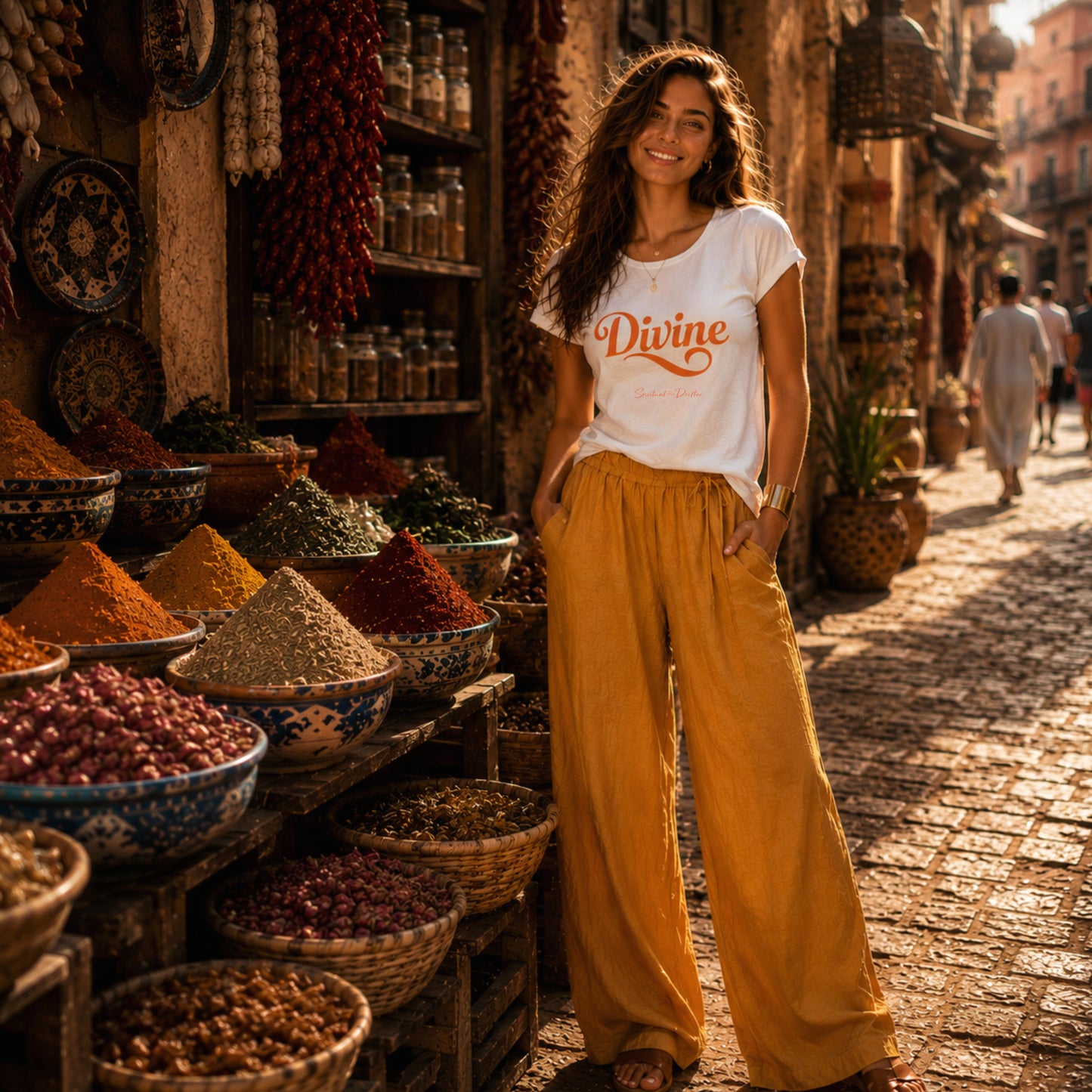 Woman standing in a market with spices and a 'Divine' t-shirt.