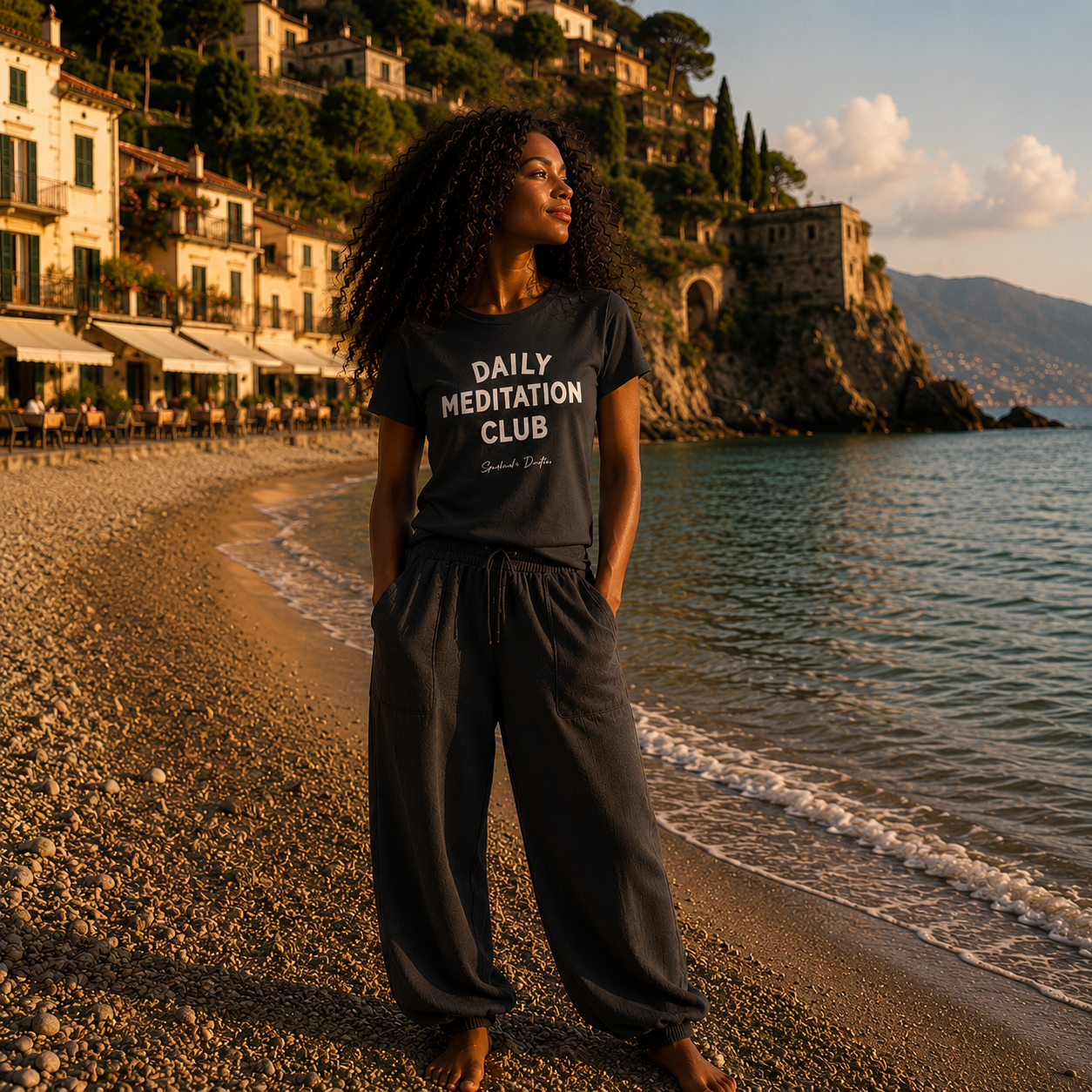 Woman wearing  the Spitual Drifter 'Daily Meditation Club' t-shirt on a beach in Tuscany with a scenic background. Elevated spiritual apparel inspired by meditation, mindfulness, yoga, positive vibes, law of attraction and conscious living.