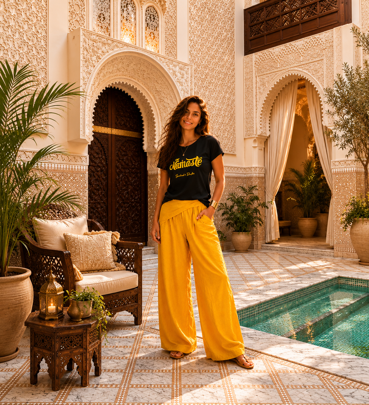 Woman in yellow pants and black spiritual drifter namaste t-shirt standing in a decorative courtyard with plants and a pool in Morocco. Elevated apparel for a conscious spiritual yoga lifestyle.
