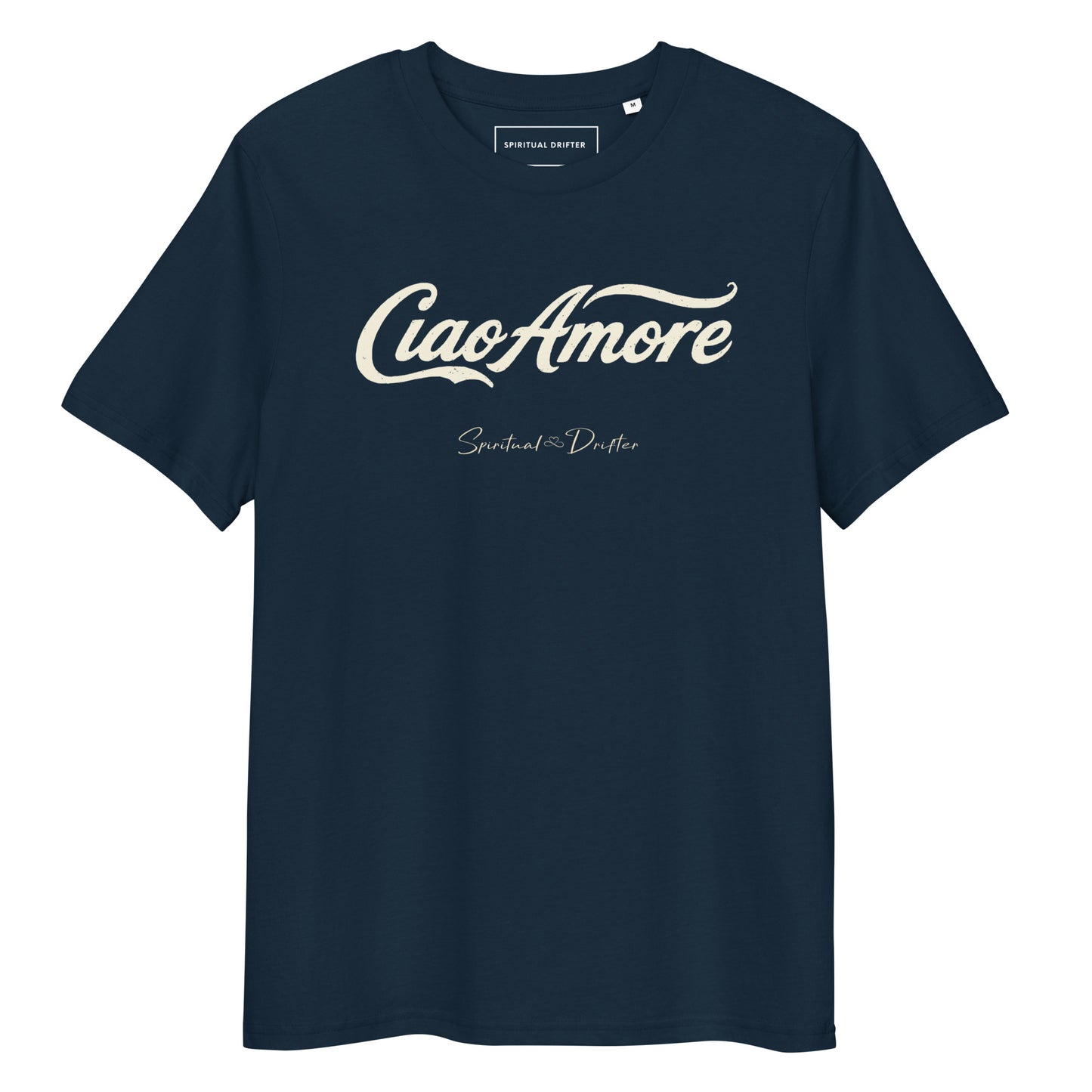 Spiritual Drifter Ciao Amore organic cotton t-shirt in navy – elevated spiritual apparel inspired by mindfulness, coherence, love and conscious living