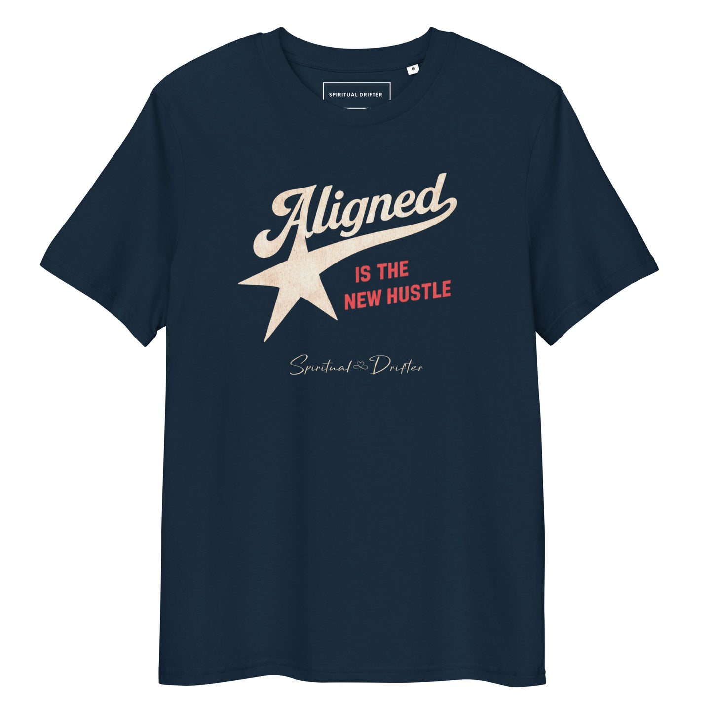 Spiritual Drifter Aligned is the New Hustle graphic organic cotton t-shirt in navy. Elevated spiritual apparel inspired by meditate, mindfulness, abundance, alignment and conscious living
