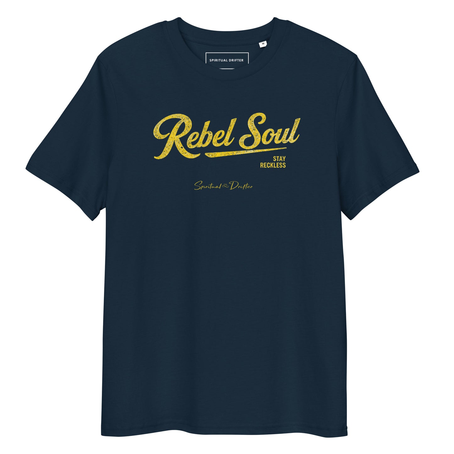 Spiritual Drifter Rebel Soul graphic organic cotton t-shirt in navy. Elevated spiritual apparel inspired by meditation, mindfulness, yoga, positive vibes, law of attraction and conscious living.