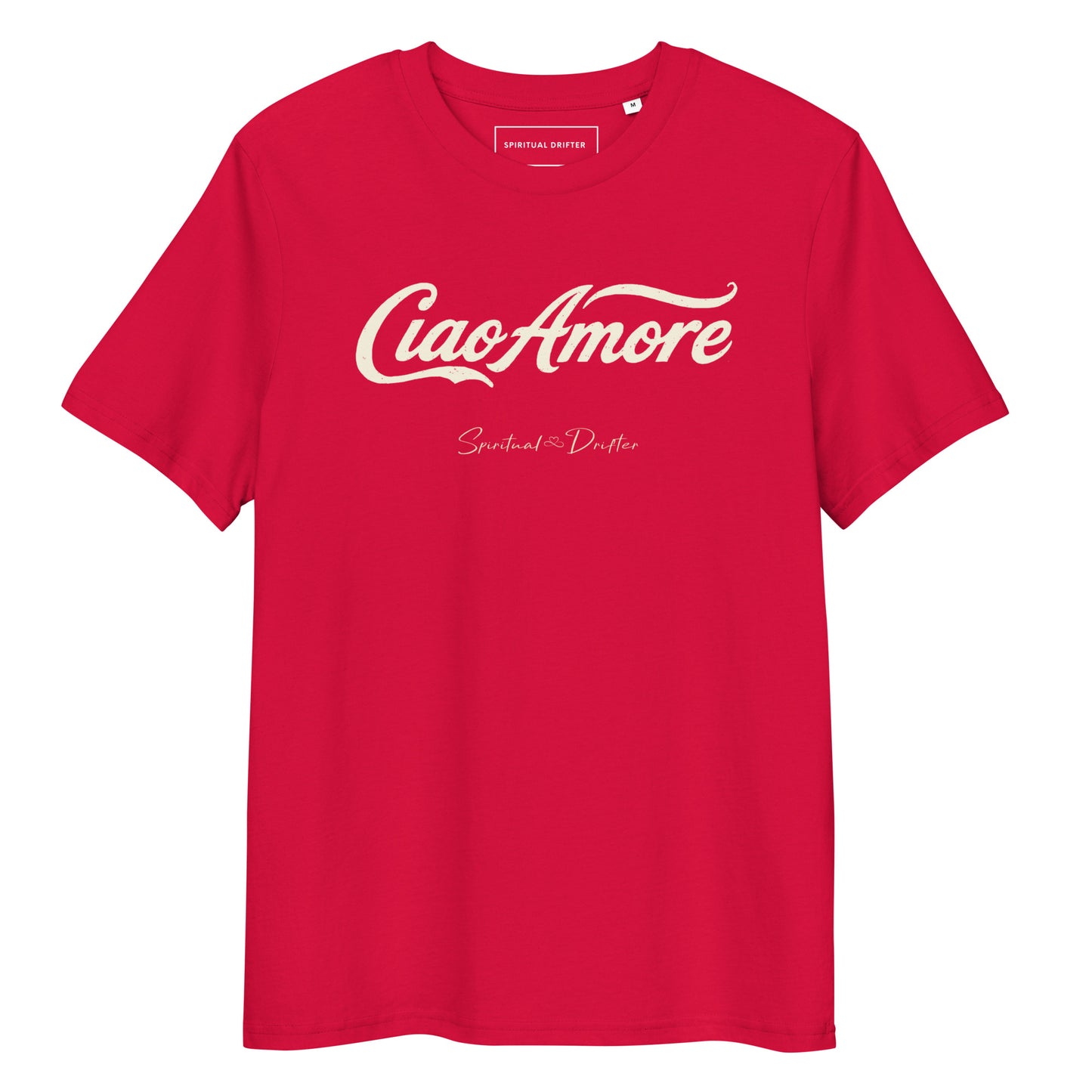 Spiritual Drifter Ciao Amore organic cotton t-shirt in red – elevated spiritual apparel inspired by mindfulness, coherence, love and conscious living