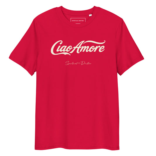 Spiritual Drifter Ciao Amore organic cotton t-shirt in red – elevated spiritual apparel inspired by mindfulness, coherence, love and conscious living
