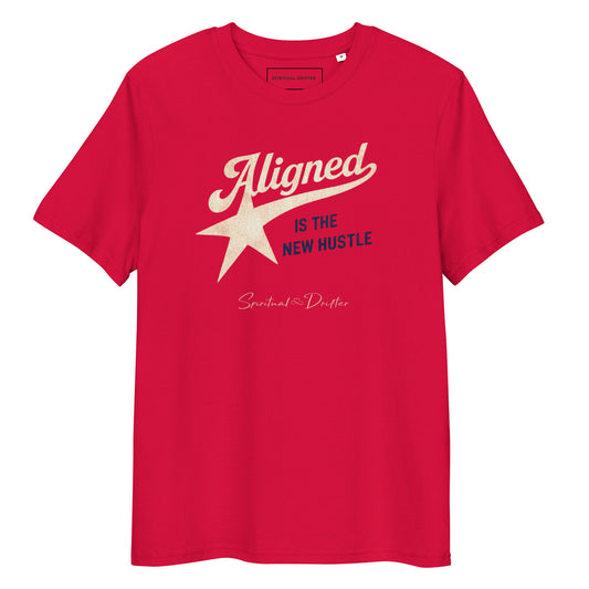 Spiritual Drifter Aligned is the New Hustle graphic organic cotton t-shirt in red. Elevated spiritual apparel inspired by meditate, mindfulness, abundance, alignment and conscious living
