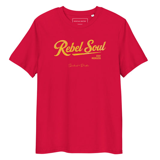 Spiritual Drifter Rebel Soul graphic organic cotton t-shirt in red. Elevated spiritual apparel inspired by meditation, mindfulness, yoga, positive vibes, law of attraction and conscious living.