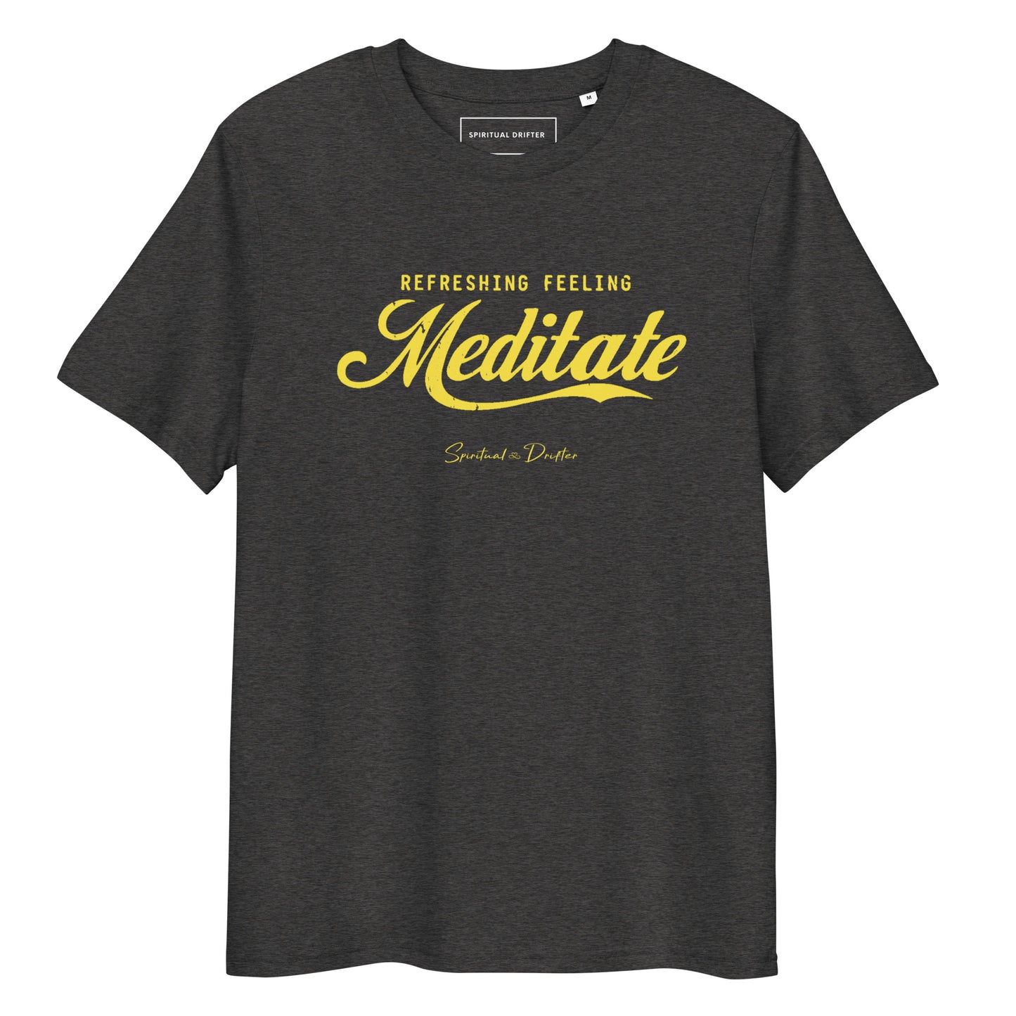 Heather grey with yellow graphic. Spiritual Drifter Meditate, refreshing feeling, organic cotton t-shirt – premium unisex minimalist spiritual apparel