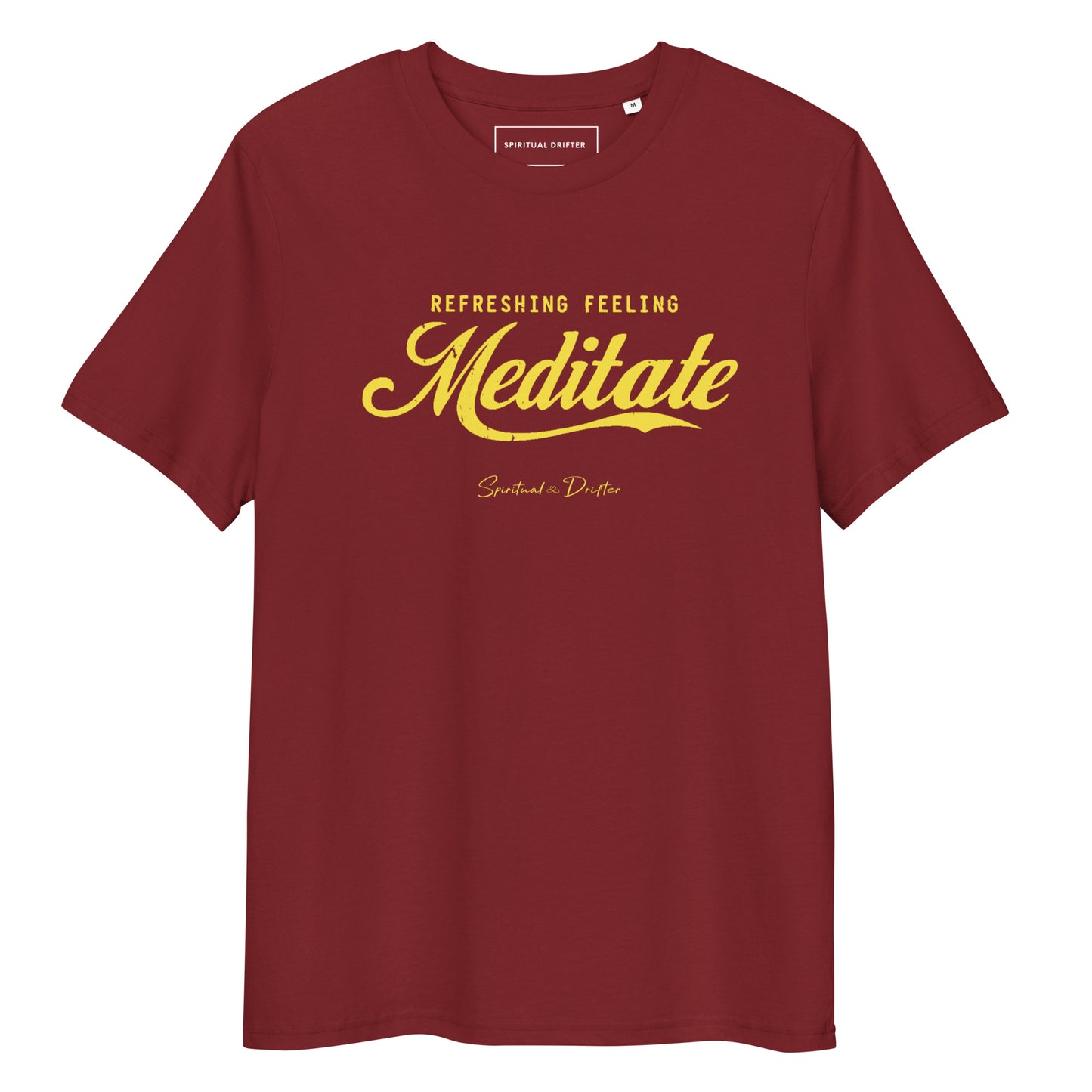 Spiritual Drifter Meditate organic cotton t-shirt in burgundy – rich minimalist spiritual clothing for mindfulness and conscious living